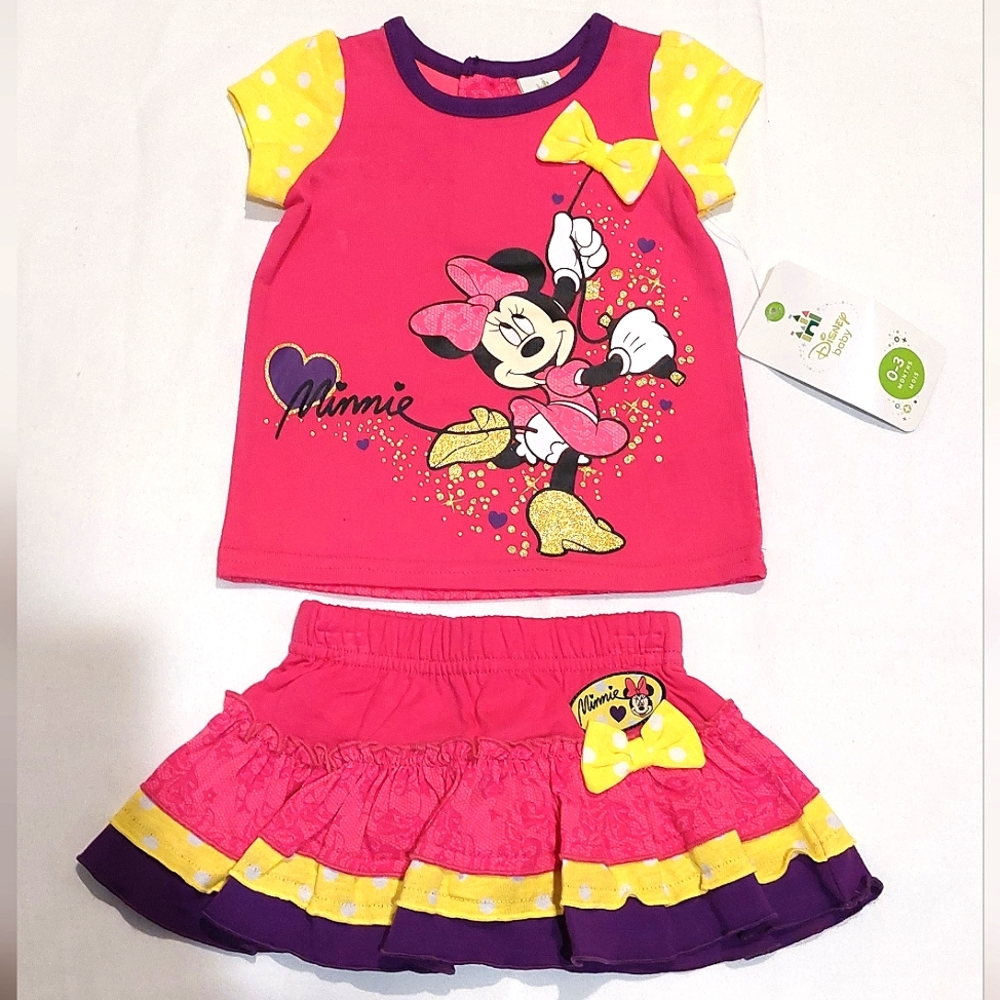 🔥SALE🔥 Disney Baby Minnie Mouse Two-Piece Top & Skirt Outfit NWT Size 0-3M